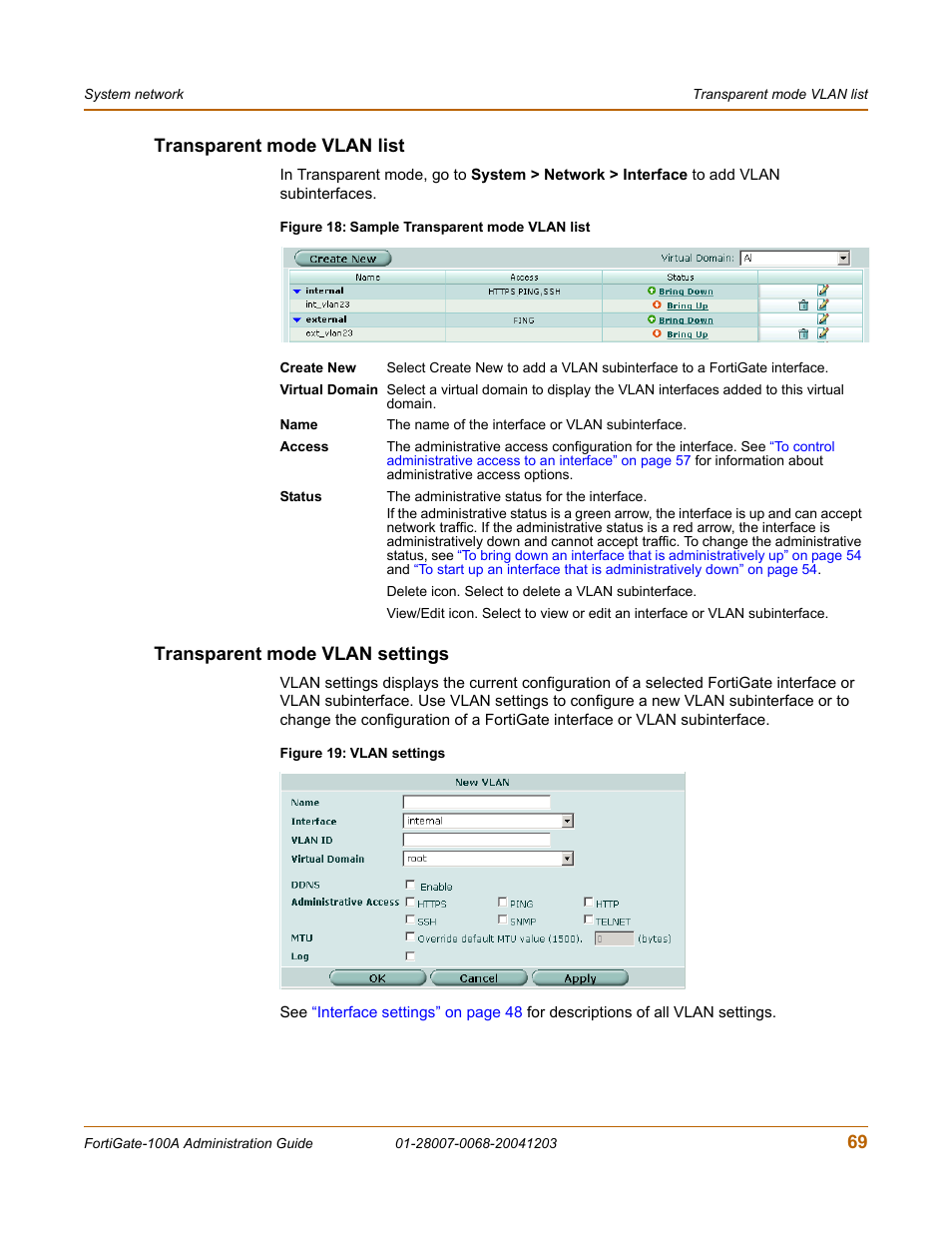 Transparent mode vlan list, Transparent mode vlan settings, 69 transparent mode vlan list | Fortinet 100A User Manual | Page 69 / 374