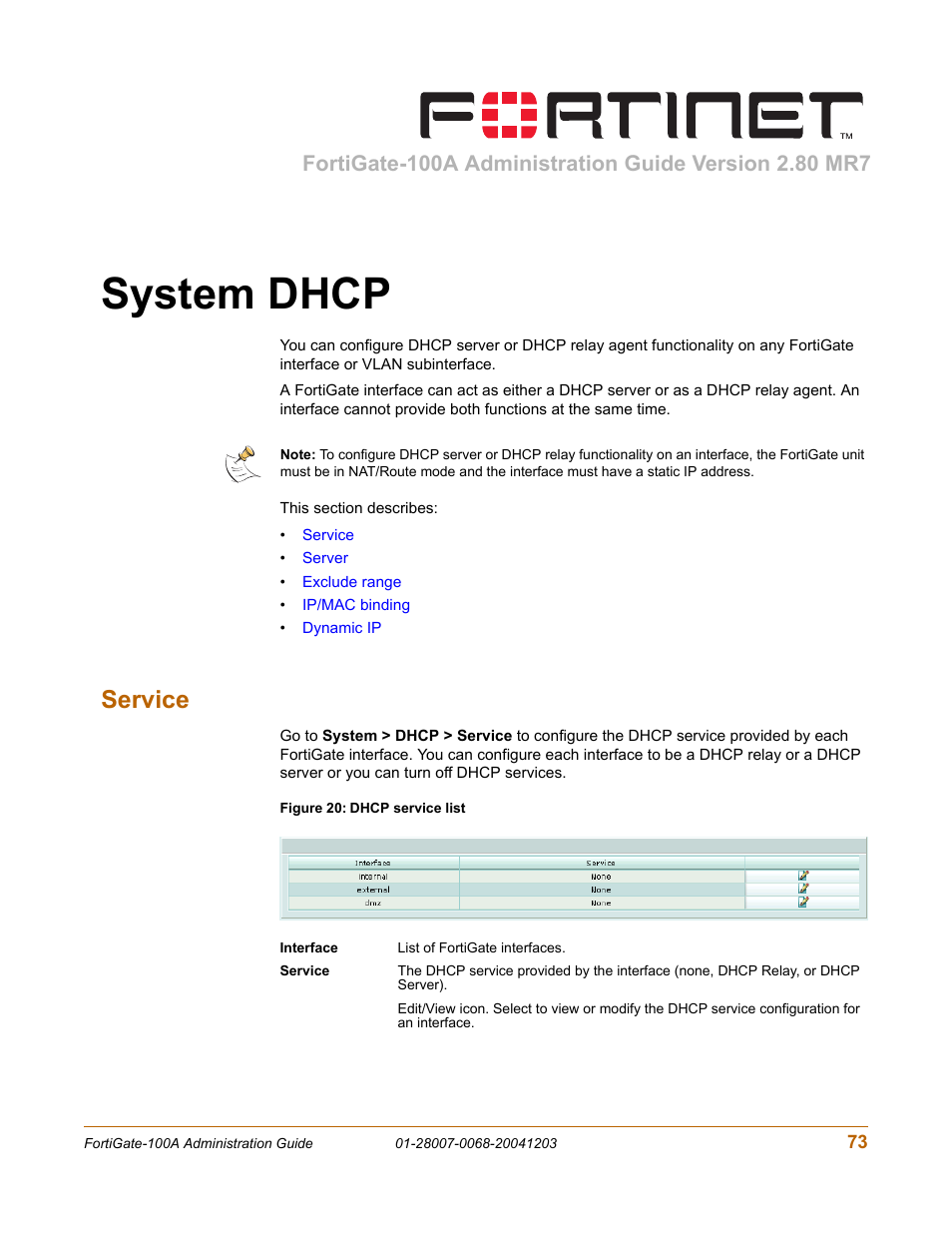 System dhcp, Service | Fortinet 100A User Manual | Page 73 / 374