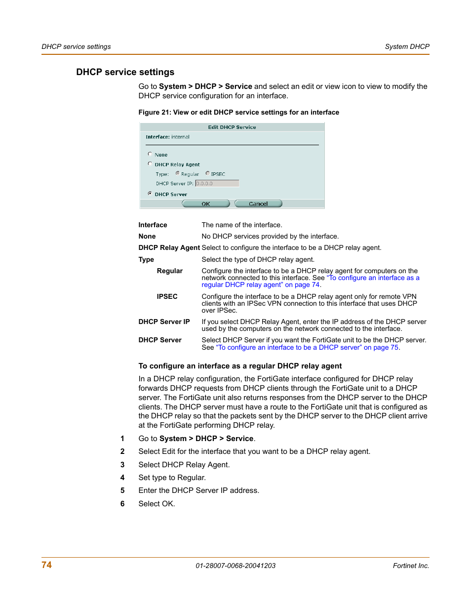 Dhcp service settings | Fortinet 100A User Manual | Page 74 / 374