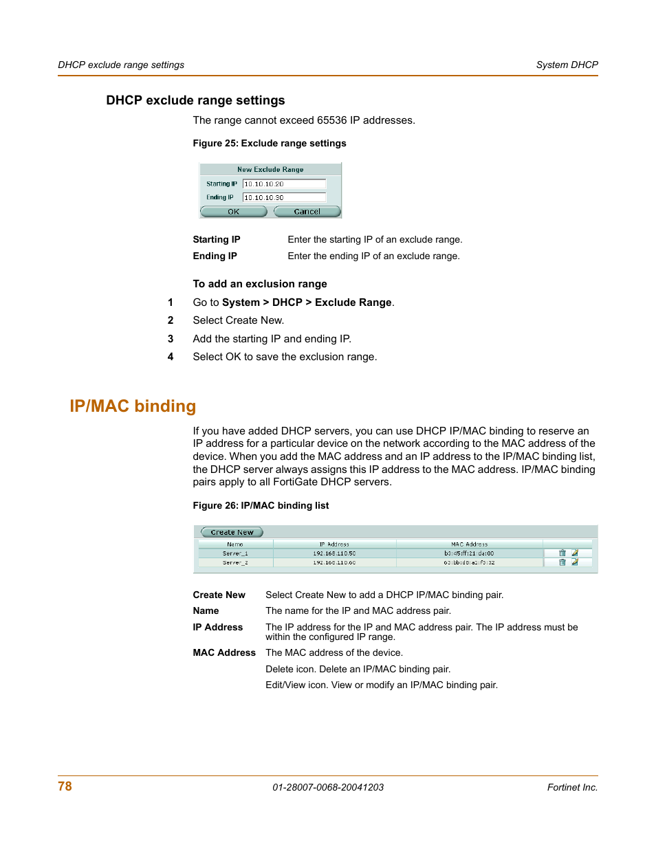 Dhcp exclude range settings, Ip/mac binding | Fortinet 100A User Manual | Page 78 / 374