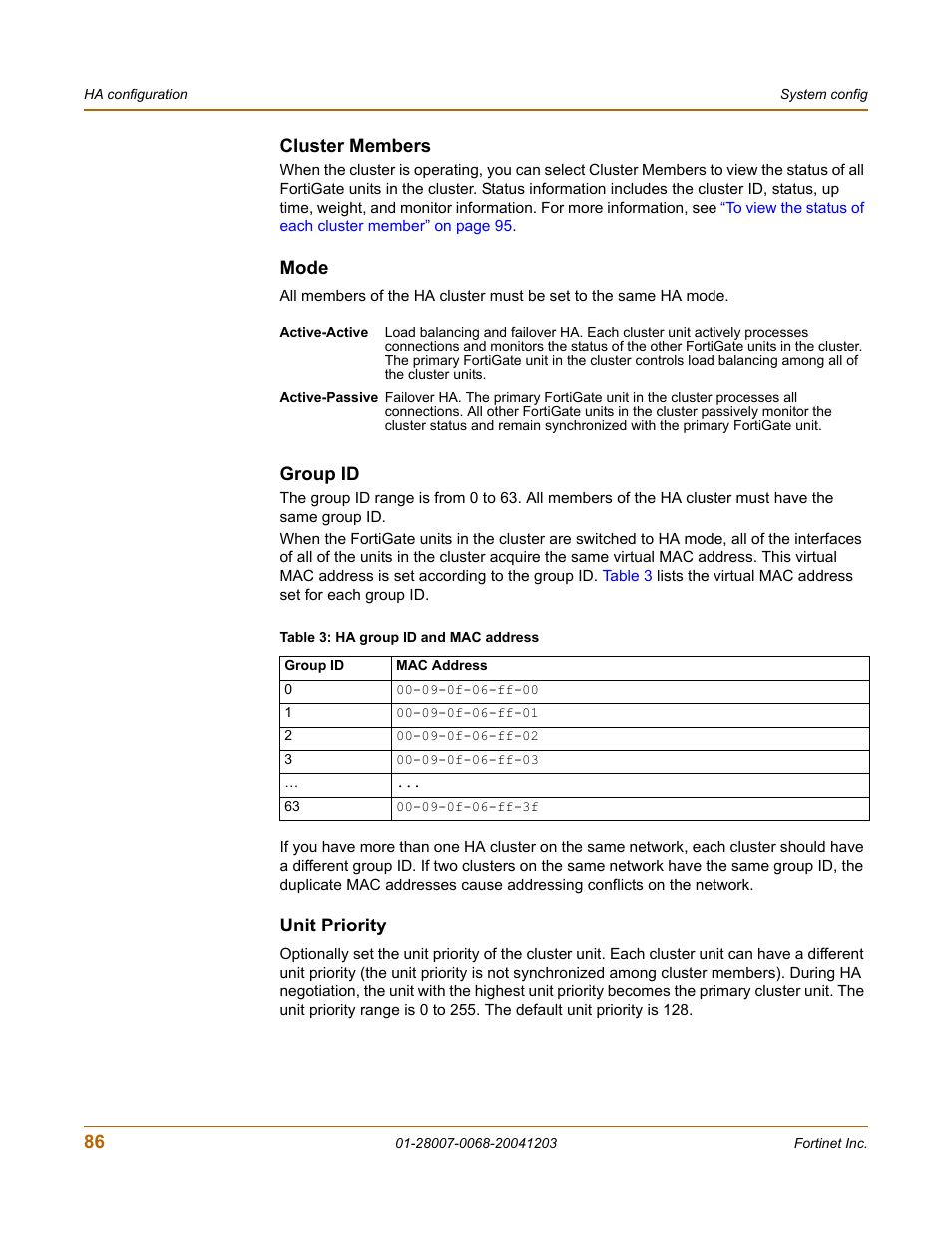 Cluster members, Mode, Group id | Unit priority | Fortinet 100A User Manual | Page 86 / 374