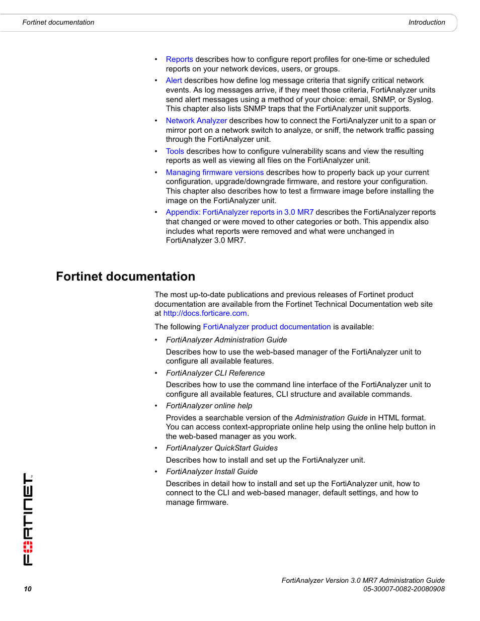 Fortinet documentation | Fortinet FortiAnalyzer 3.0 MR7 User Manual | Page 10 / 234