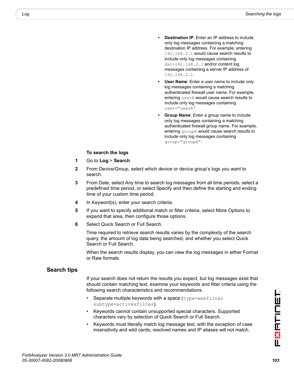 Search tips | Fortinet FortiAnalyzer 3.0 MR7 User Manual | Page 103 / 234