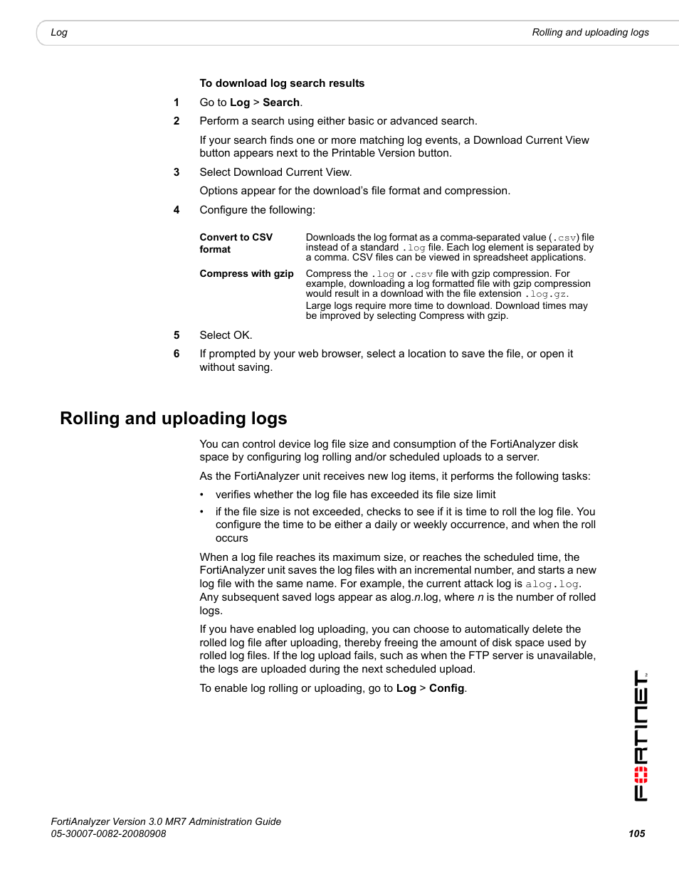 Rolling and uploading logs | Fortinet FortiAnalyzer 3.0 MR7 User Manual | Page 105 / 234