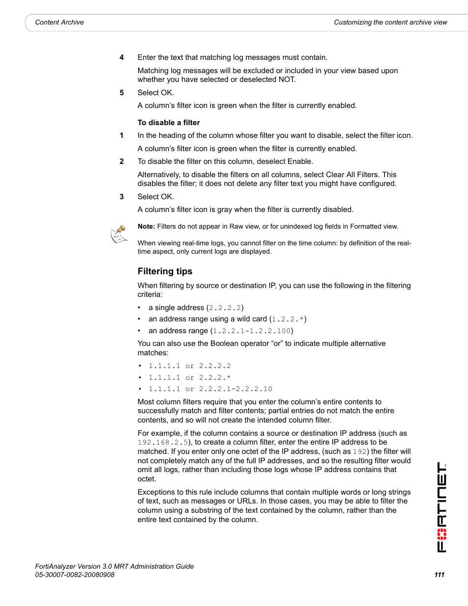Filtering tips | Fortinet FortiAnalyzer 3.0 MR7 User Manual | Page 113 / 234