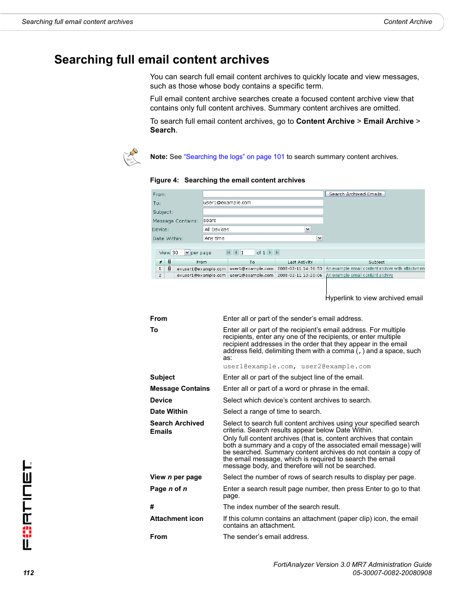 Searching full email content archives | Fortinet FortiAnalyzer 3.0 MR7 User Manual | Page 114 / 234