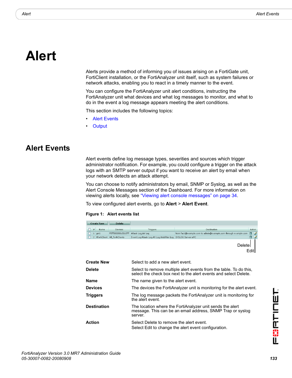 Alert, Alert events | Fortinet FortiAnalyzer 3.0 MR7 User Manual | Page 141 / 234