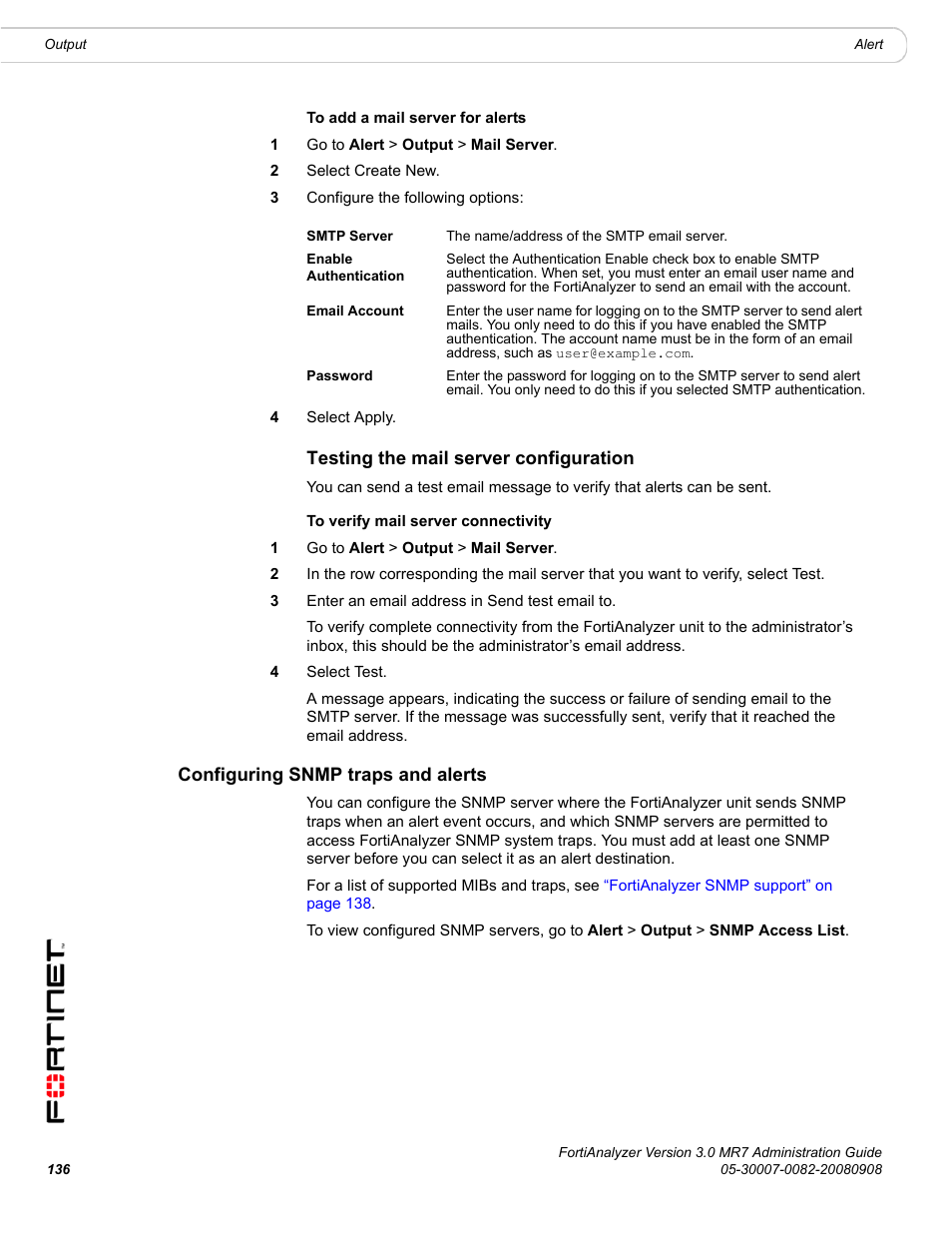 Testing the mail server configuration, Configuring snmp traps and alerts, Configuring | S, see | Fortinet FortiAnalyzer 3.0 MR7 User Manual | Page 144 / 234