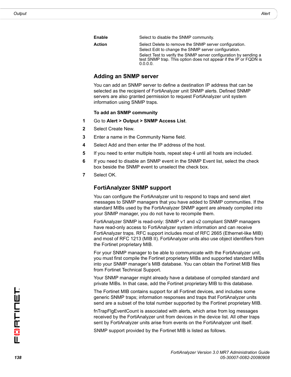 Adding an snmp server, Fortianalyzer snmp support, Adding an snmp server fortianalyzer snmp support | Fortinet FortiAnalyzer 3.0 MR7 User Manual | Page 146 / 234