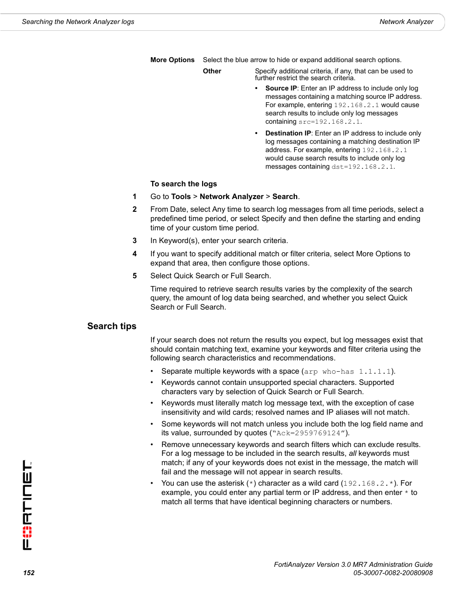 Search tips | Fortinet FortiAnalyzer 3.0 MR7 User Manual | Page 162 / 234