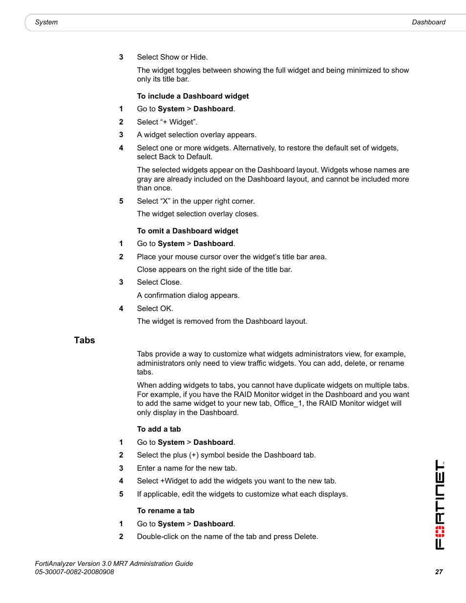 Tabs | Fortinet FortiAnalyzer 3.0 MR7 User Manual | Page 27 / 234