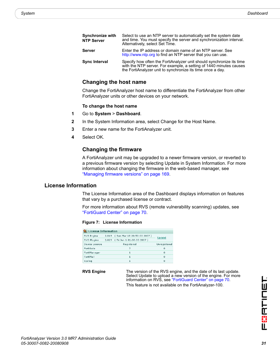 Changing the host name, Changing the firmware, License information | Changing the host name changing the firmware, Changing the | Fortinet FortiAnalyzer 3.0 MR7 User Manual | Page 31 / 234