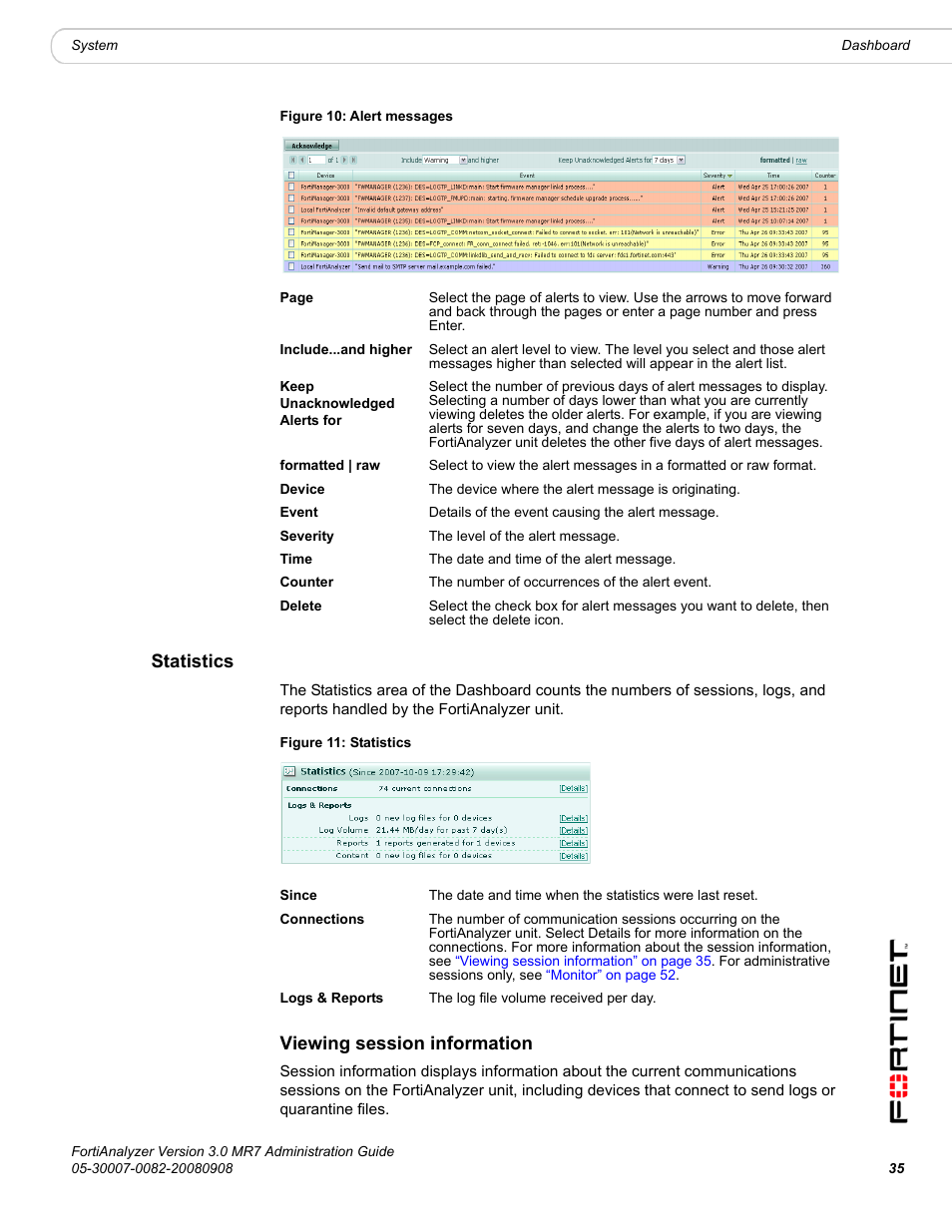 Statistics, Viewing session information | Fortinet FortiAnalyzer 3.0 MR7 User Manual | Page 35 / 234
