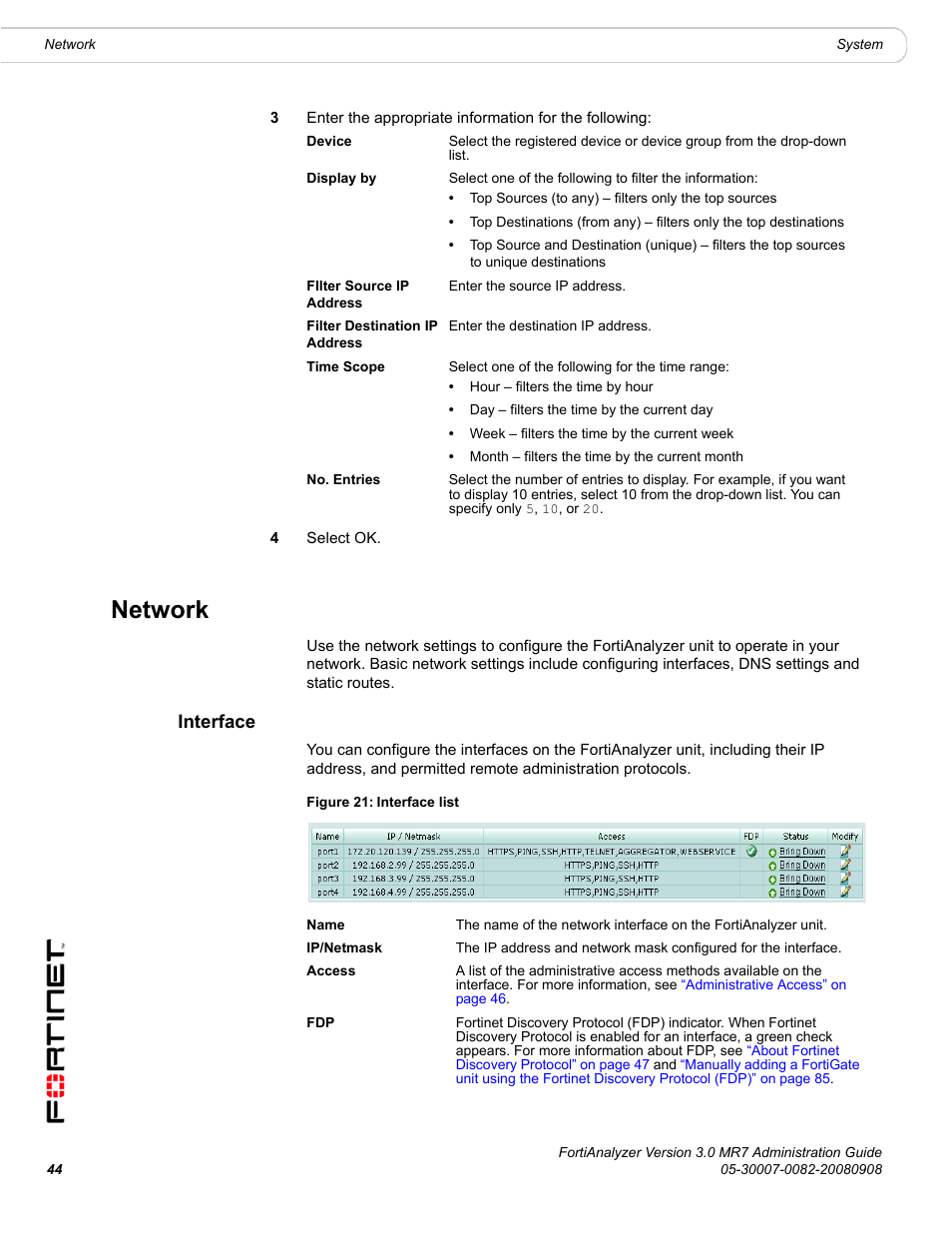 Network, Interface | Fortinet FortiAnalyzer 3.0 MR7 User Manual | Page 44 / 234