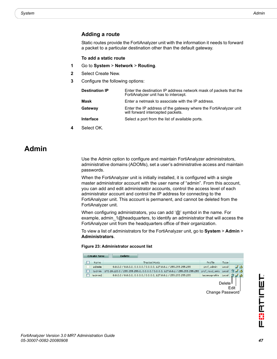 Adding a route, Admin, In t | Fortinet FortiAnalyzer 3.0 MR7 User Manual | Page 47 / 234