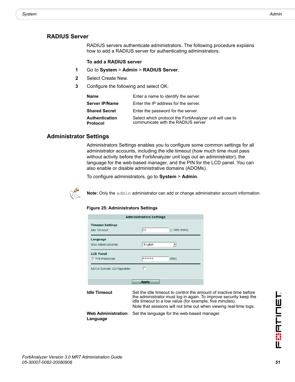 Radius server, Administrator settings, Radius server administrator settings | Fortinet FortiAnalyzer 3.0 MR7 User Manual | Page 51 / 234