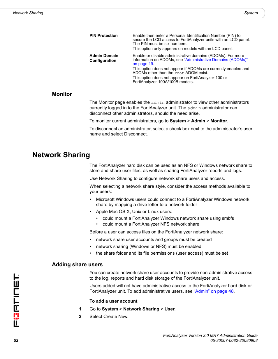 Monitor, Network sharing, Adding share users | Fortinet FortiAnalyzer 3.0 MR7 User Manual | Page 52 / 234