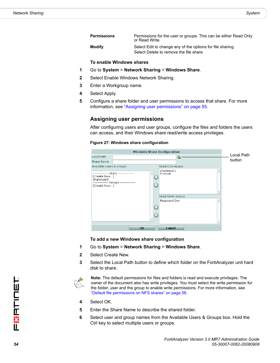 Assigning user permissions | Fortinet FortiAnalyzer 3.0 MR7 User Manual | Page 54 / 234