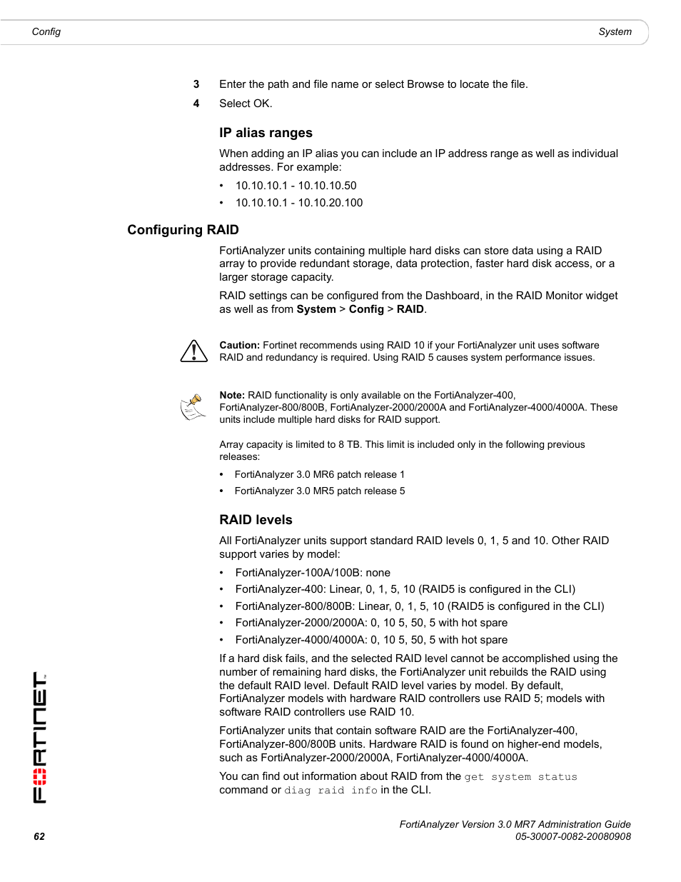Ip alias ranges, Configuring raid, Raid levels | Fortinet FortiAnalyzer 3.0 MR7 User Manual | Page 62 / 234