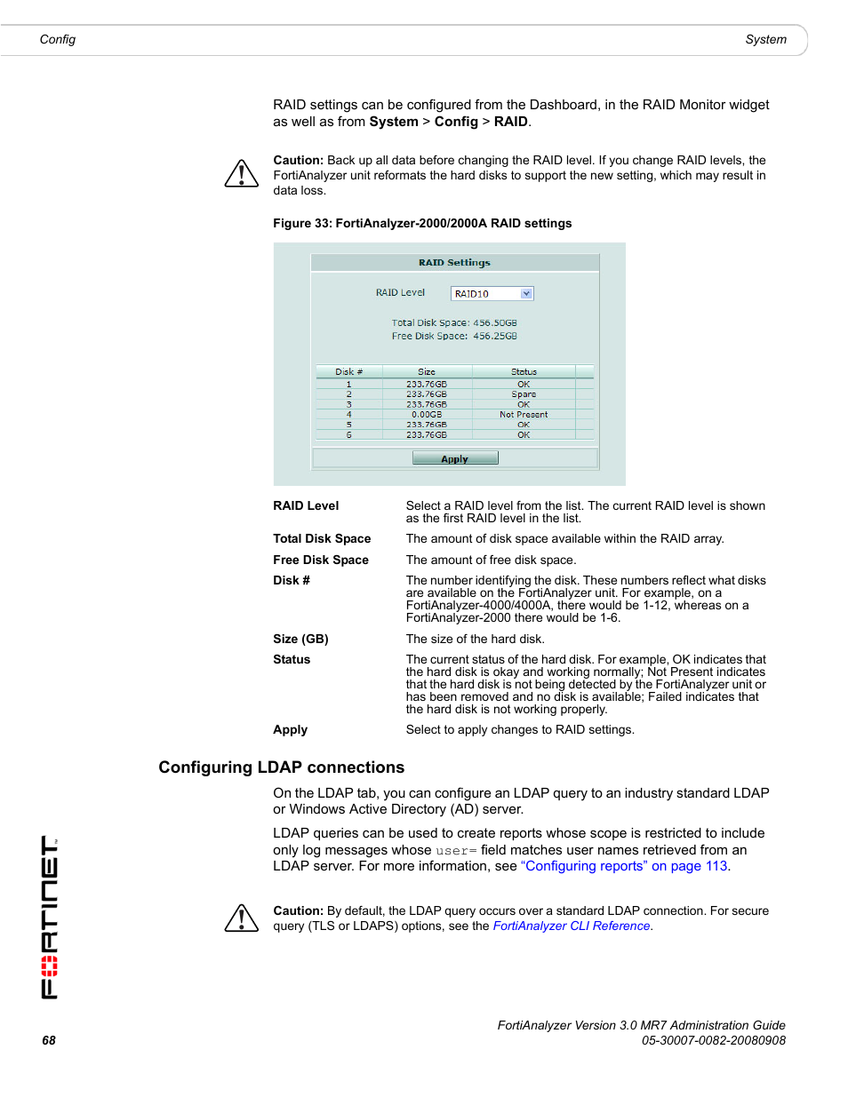 Configuring ldap connections | Fortinet FortiAnalyzer 3.0 MR7 User Manual | Page 68 / 234