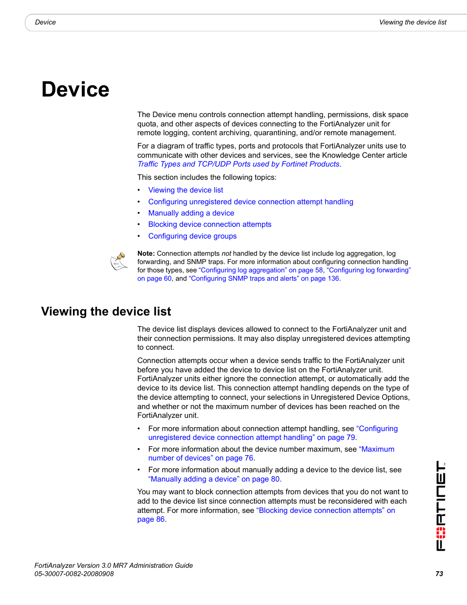 Device, Viewing the device list, Describ | Fortinet FortiAnalyzer 3.0 MR7 User Manual | Page 75 / 234