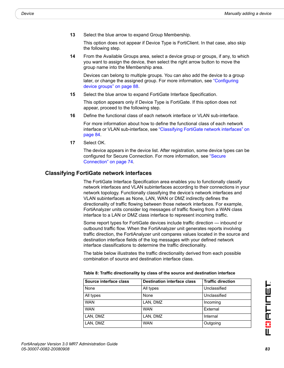 Classifying fortigate network interfaces, Classifying fortigate network interfaces” on | Fortinet FortiAnalyzer 3.0 MR7 User Manual | Page 85 / 234