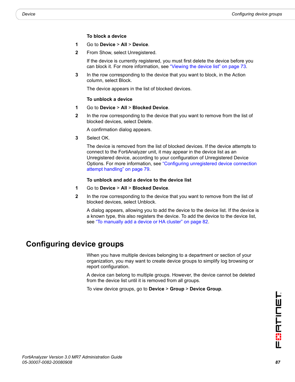Configuring device groups, Configuring | Fortinet FortiAnalyzer 3.0 MR7 User Manual | Page 89 / 234