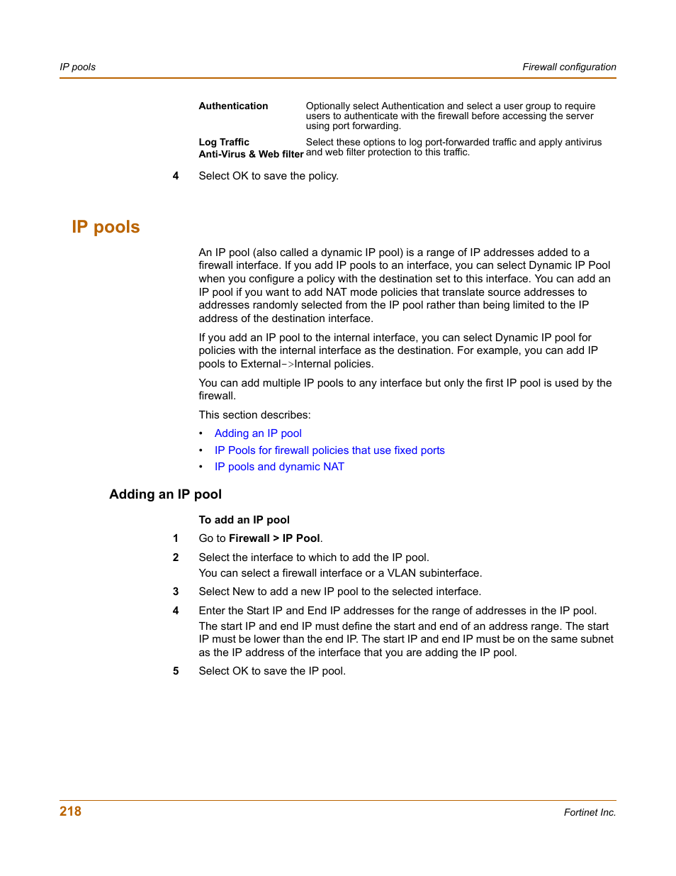 Ip pools, Adding an ip pool | Fortinet FortiGate 4000 User Manual | Page 218 / 332
