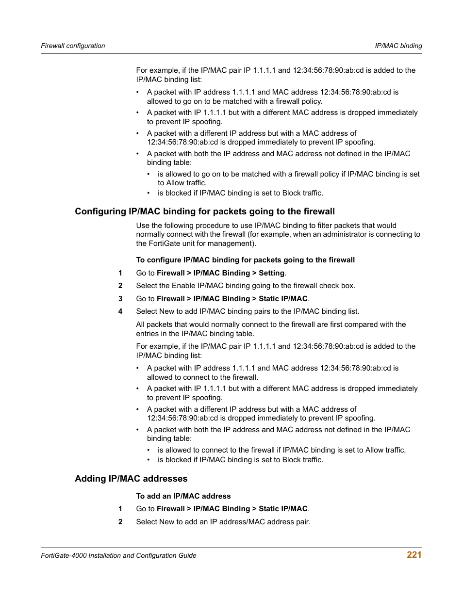 Adding ip/mac addresses | Fortinet FortiGate 4000 User Manual | Page 221 / 332