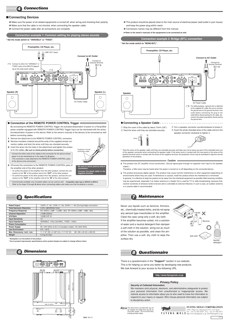 Questionnaire, Maintenance, Dimensions | Connections, Specifications, Connecting devices, Privacy policy, Connection of the remote power control trigger, Connection example 2: bridge (btl) connection, Connecting a speaker cable | Flying Mole MAS160 User Manual | Page 2 / 2