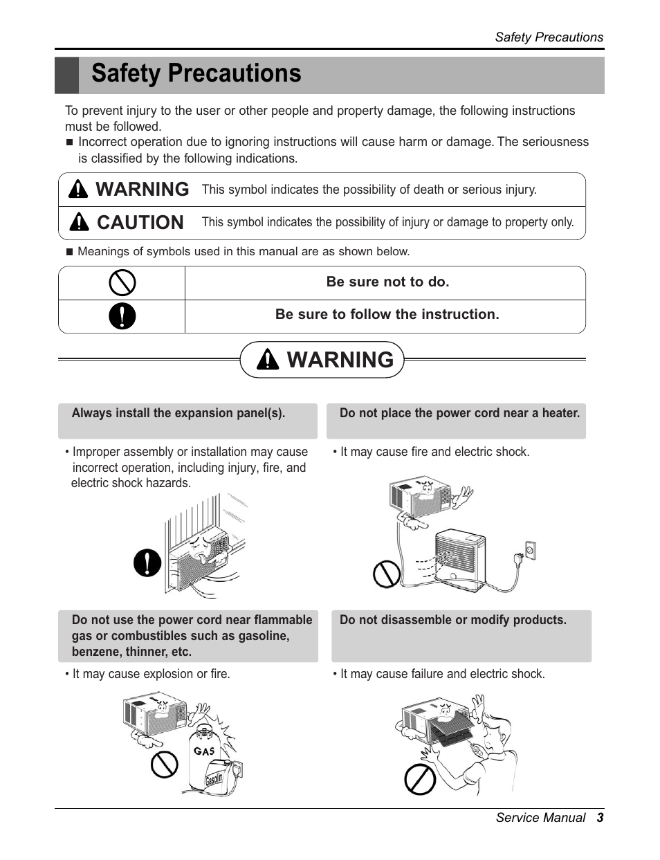 Safety precautions, Warning, Warning caution | Friedrich CP06E10 User Manual | Page 3 / 30