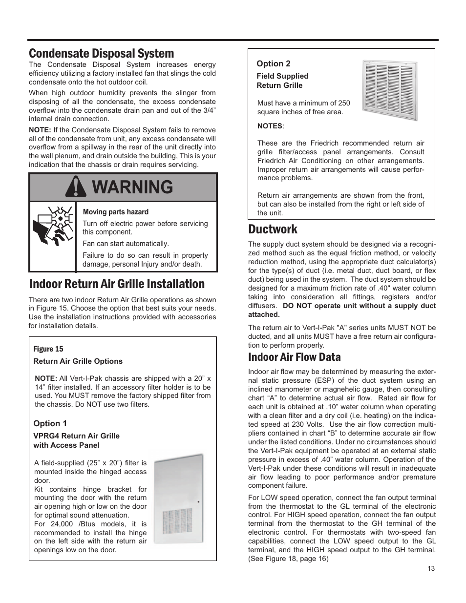 Warning, Condensate disposal system, Indoor return air grille installation | Ductwork, Indoor air flow data | Friedrich 24,000 BTU/h User Manual | Page 15 / 72