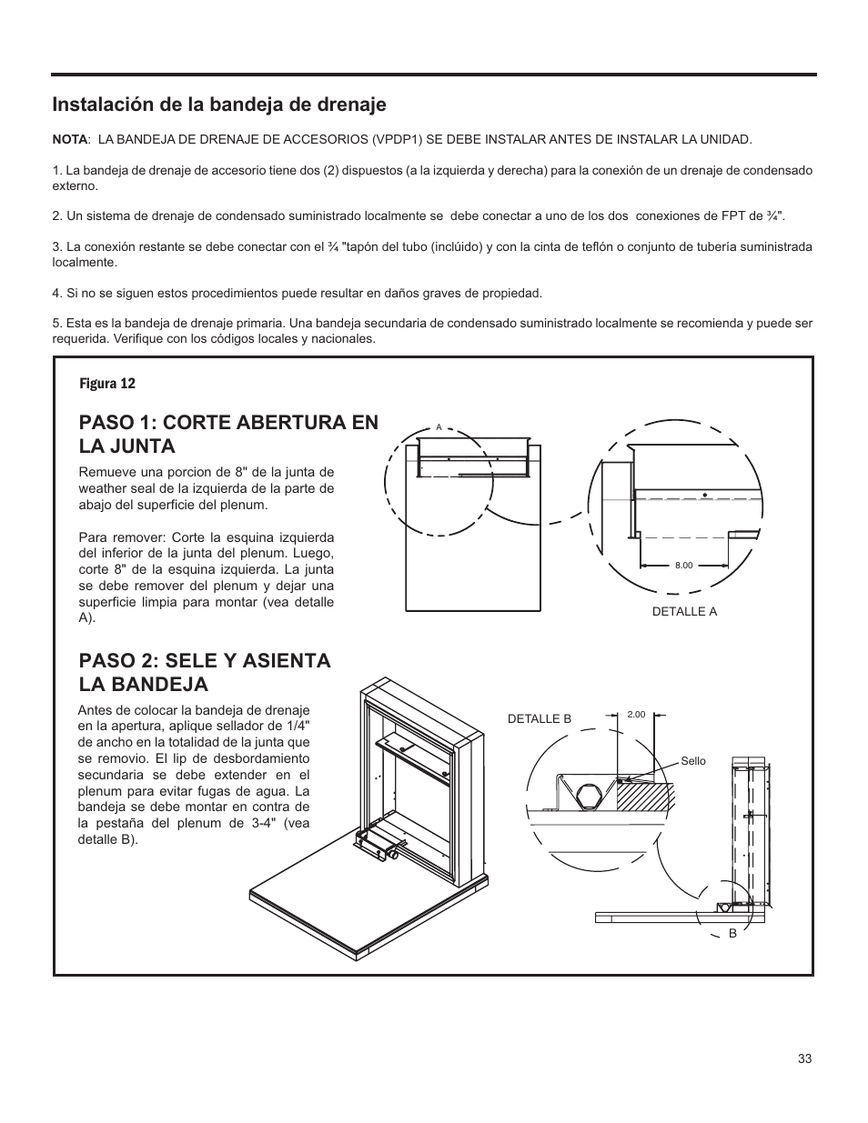 Instalación de la bandeja de drenaje | Friedrich 24,000 BTU/h User Manual | Page 35 / 72