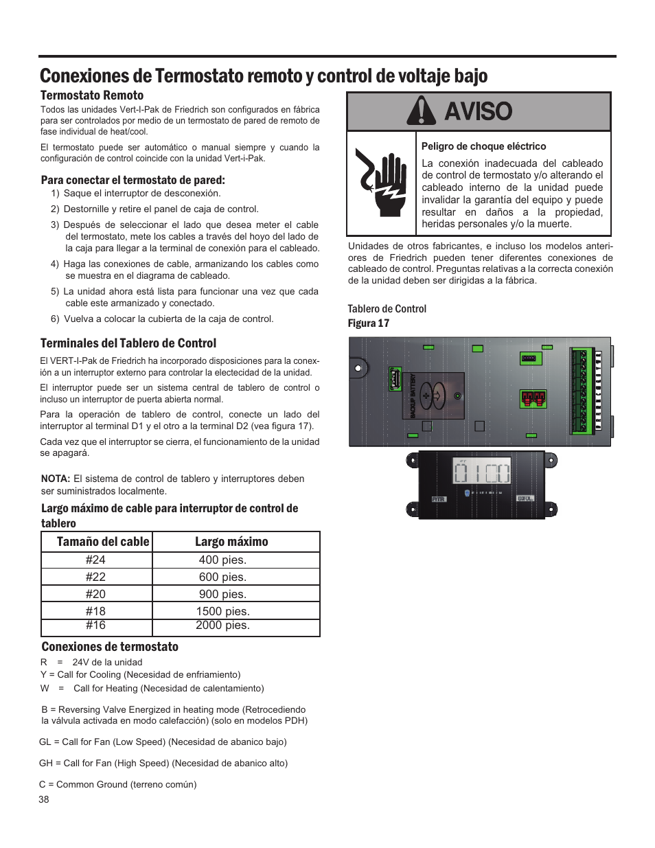 Termostato remoto, Terminales del tablero de control, Tamaño del cable largo máximo | Conexiones de termostato | Friedrich 24,000 BTU/h User Manual | Page 40 / 72