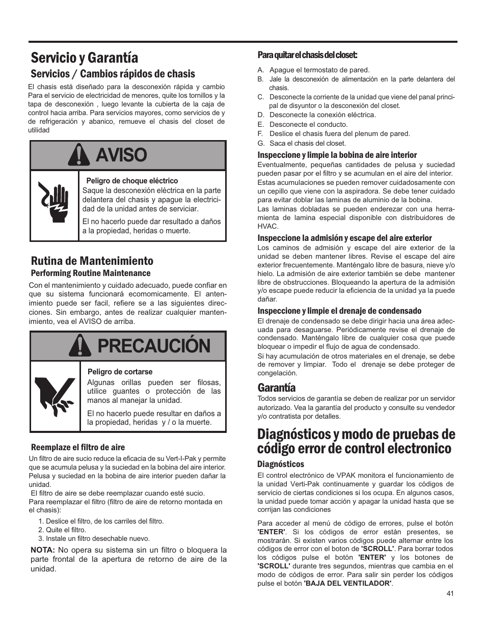 Aviso, Precaución, Servicio y garantía | Rutina de mantenimiento, Garantía, Servicios / cambios rápidos de chasis | Friedrich 24,000 BTU/h User Manual | Page 43 / 72
