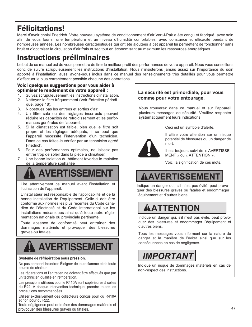 Avertissement, Attention important avertissement, Félicitations! instructions préliminaires | Friedrich 24,000 BTU/h User Manual | Page 49 / 72