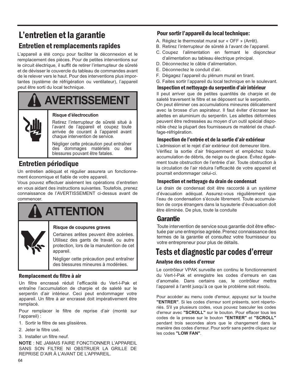 Avertissement, Attention, L’entretien et la garantie | Tests et diagnostic par codes d’erreur, Garantie | Friedrich 24,000 BTU/h User Manual | Page 66 / 72