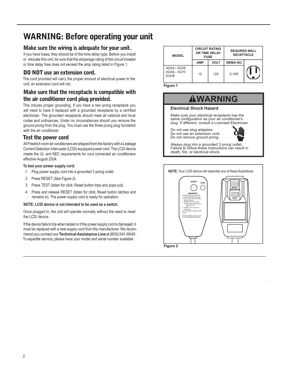 Warning: before operating your unit, Warning, Make sure the wiring is adequate for your unit | Do not use an extension cord, Test the power cord | Friedrich X Star  EQ08 User Manual | Page 4 / 44