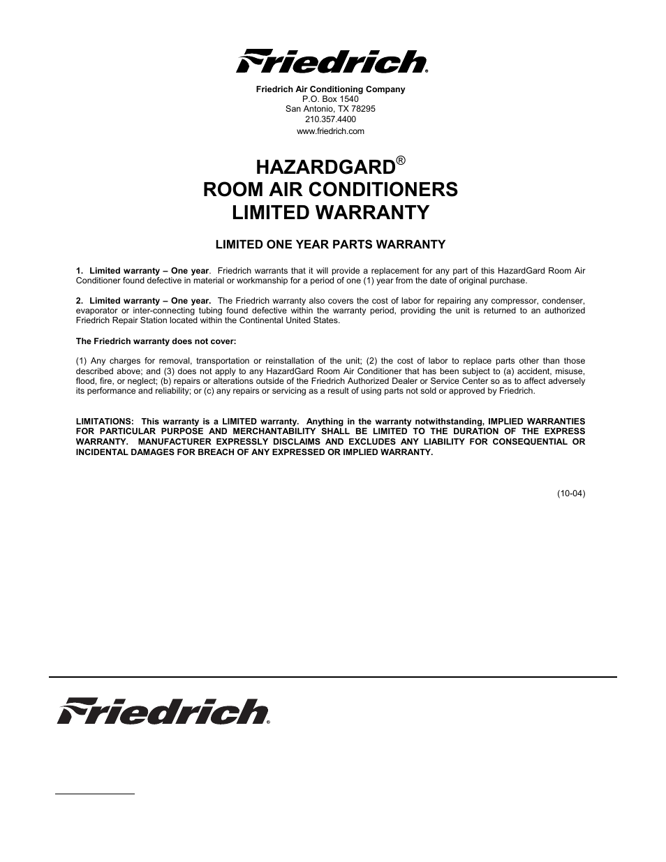 Hazardgard, Room air conditioners limited warranty | Friedrich HAZARDGARD SH15L30-B User Manual | Page 16 / 16