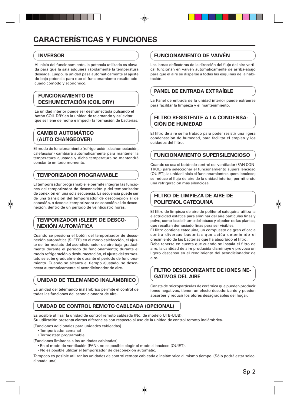 Características y funciones, Sp-2 | Friedrich HEAT&COOLING MODEL INVERTER (REVERSE CYCLE) ROOM AIR CONDITIONER WALL MOUNTED TYPE User Manual | Page 35 / 50