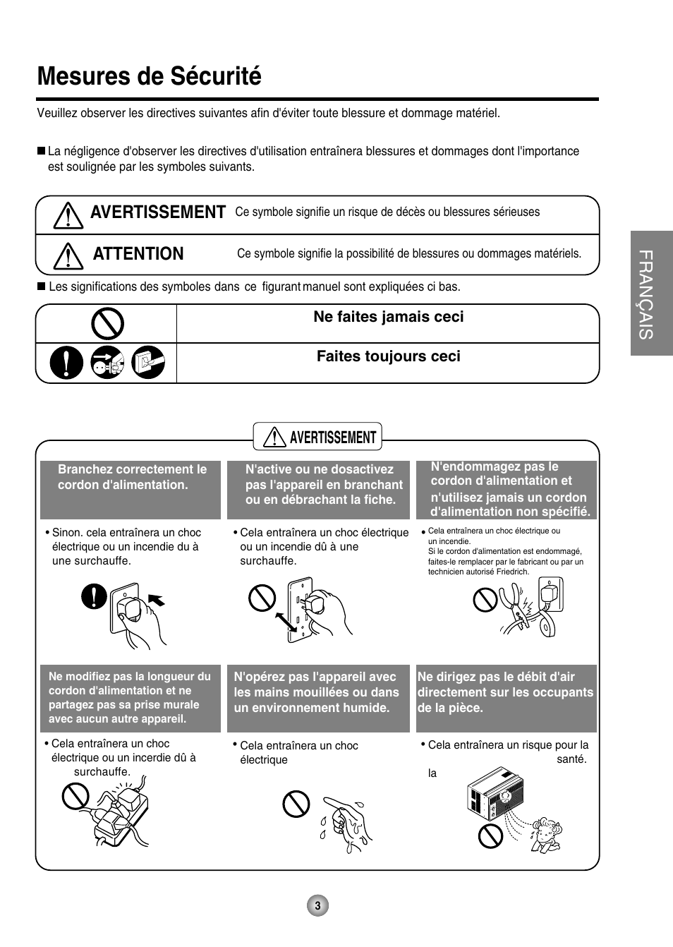 Mesures de sécurité, Français, Attention | Avertissement | Friedrich ZStar User Manual | Page 19 / 43