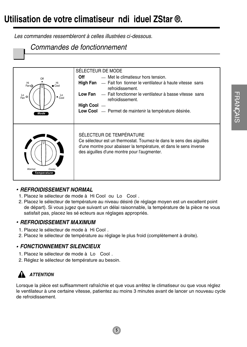 Utilisation de votre climatiseur individuel zstar, Comma n des de fonctionnement, Fran ç ais | Friedrich ZStar User Manual | Page 21 / 43