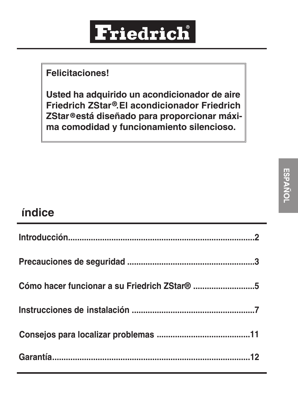 Ndice | Friedrich ZStar User Manual | Page 31 / 43