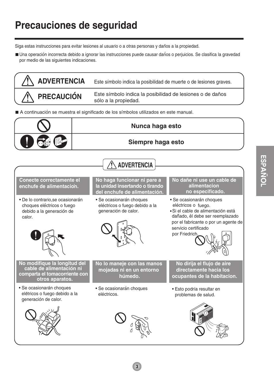 Precauciones de seguridad, Precaucion, Advertencia | Friedrich ZStar User Manual | Page 33 / 43