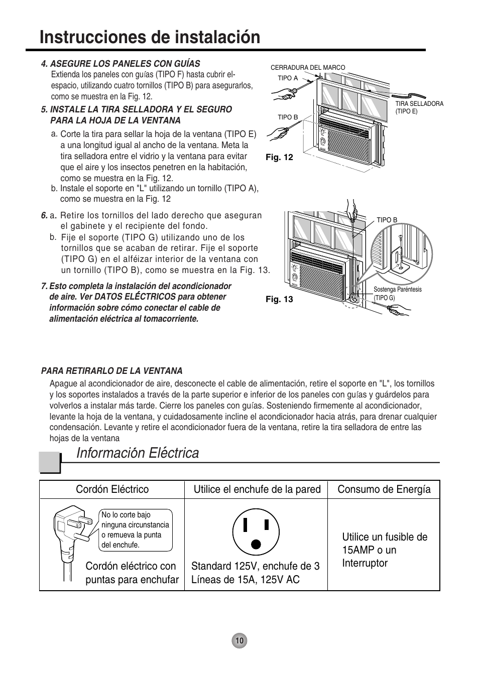 Instrucciones de instalación, Informacion electrica | Friedrich ZStar User Manual | Page 40 / 43