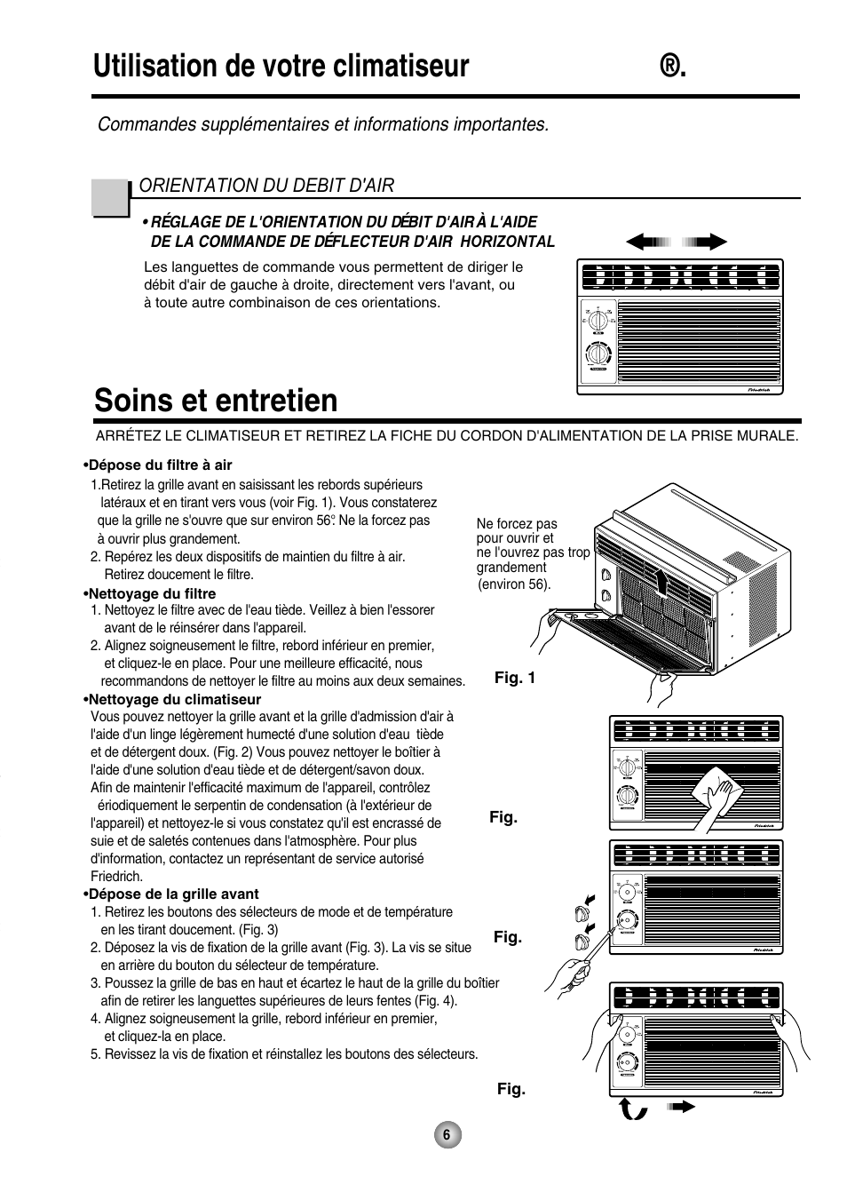 Utilisation de votre climatiseur friedrich zstar, Soins et entretien, Orientation du debit d'air | Friedrich ZQ07 User Manual | Page 21 / 43