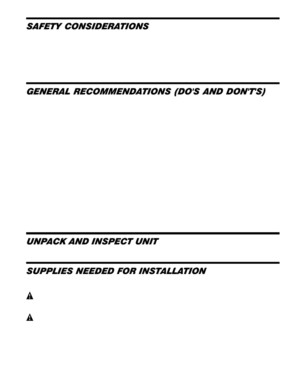 Safety considerations, General recommendations (do's and don't's), Unpack and inspect unit | Supplies needed for installation | Friedrich 18000 B User Manual | Page 3 / 20