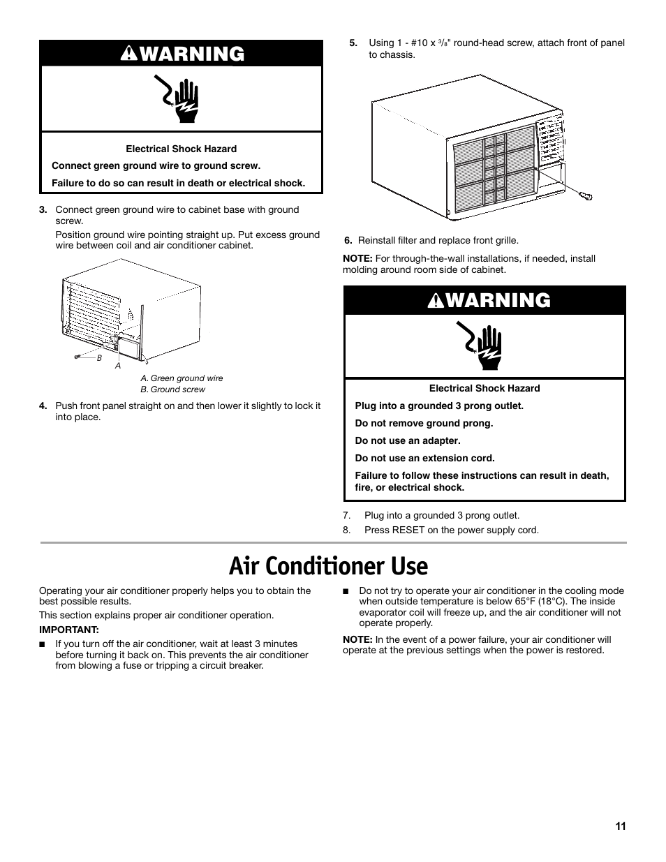 Air conditioner use, Warning | Friedrich CP14 User Manual | Page 11 / 16