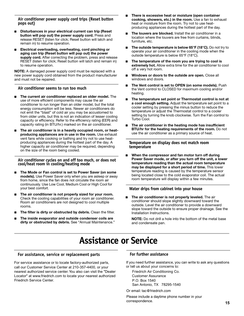Assistance or service | Friedrich CP14 User Manual | Page 15 / 16