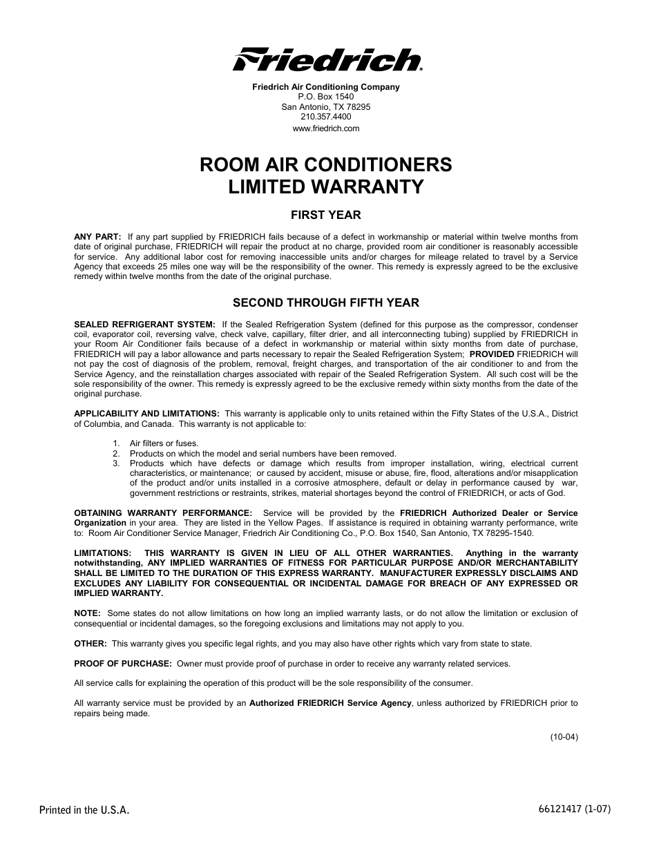 Room air conditioners limited warranty | Friedrich CP14 User Manual | Page 16 / 16
